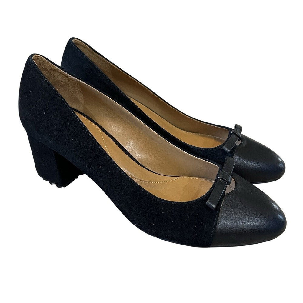 Talbots Isa Cut Out Pumps Black Suede Block Heel Size 10M Bows Classic Old Money